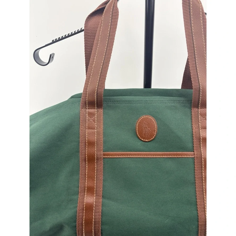 VTG Ralph Lauren Green Duffle Bag Fragrance Weekender Brown Trim Extra Large 30